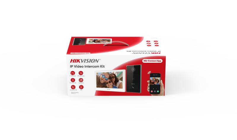 Hikvision DS-KIS608-P IP video intercom kit with Hik-Connect app mobile control and standard PoE power supply.