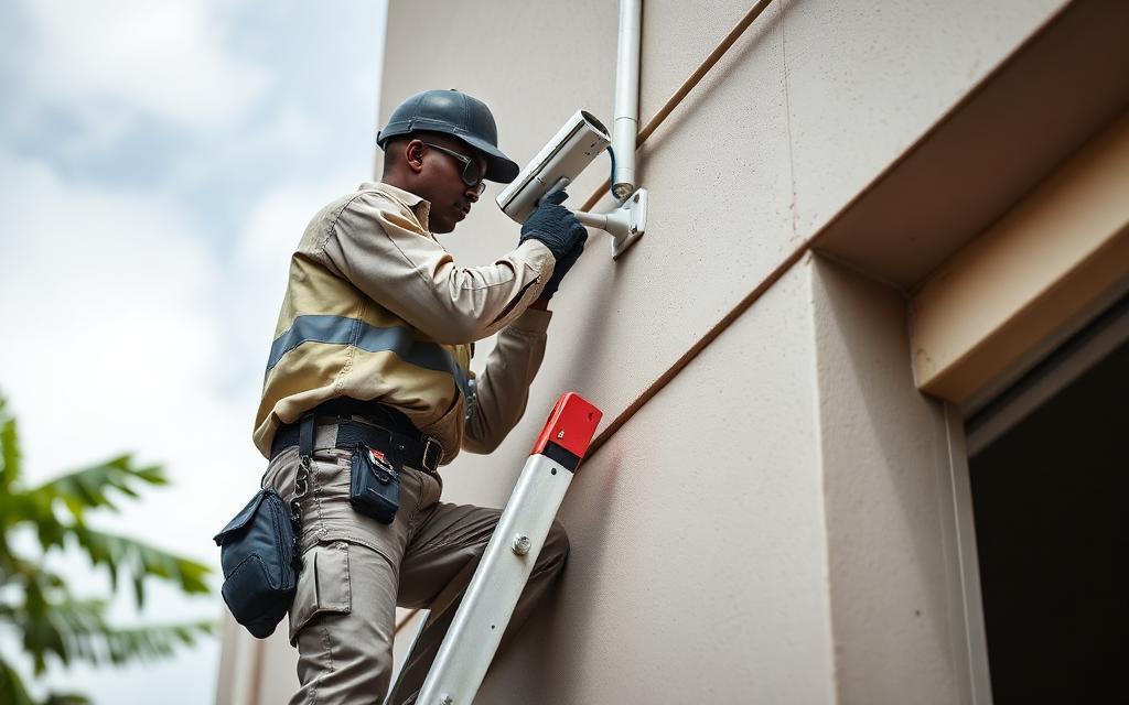 Technician installing a CCTV camera and conduit on a building exterior