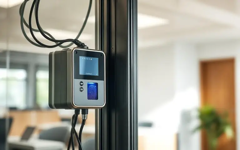 Fingerprint and card access control reader installed beside an office door