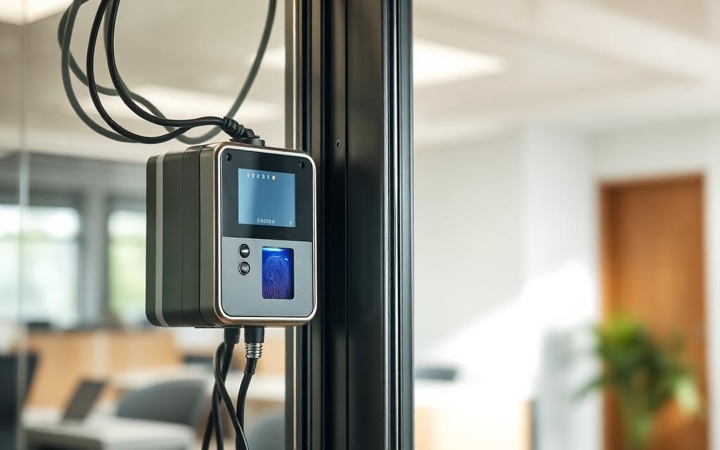 Fingerprint and card access control reader installed beside an office door