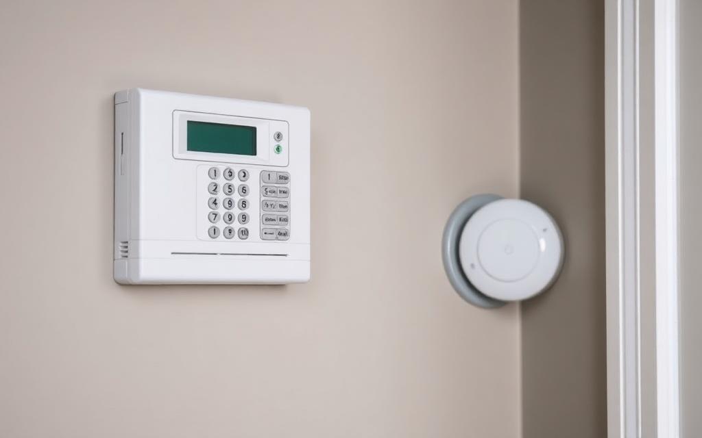 Intruder alarm keypad and motion detector installed on an interior wall