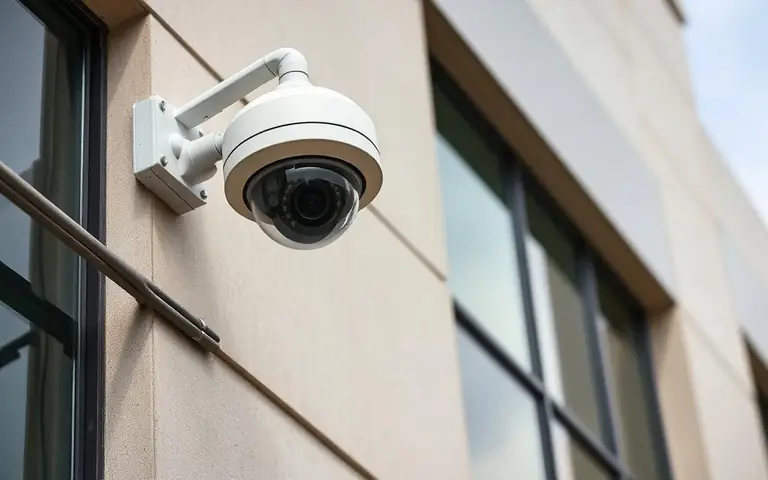 Dome CCTV camera mounted on the exterior wall of a commercial building