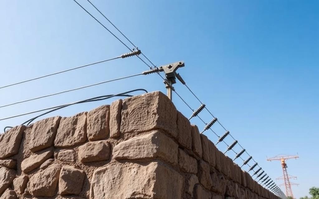 Electric fence wires on insulators along the top of a perimeter wall