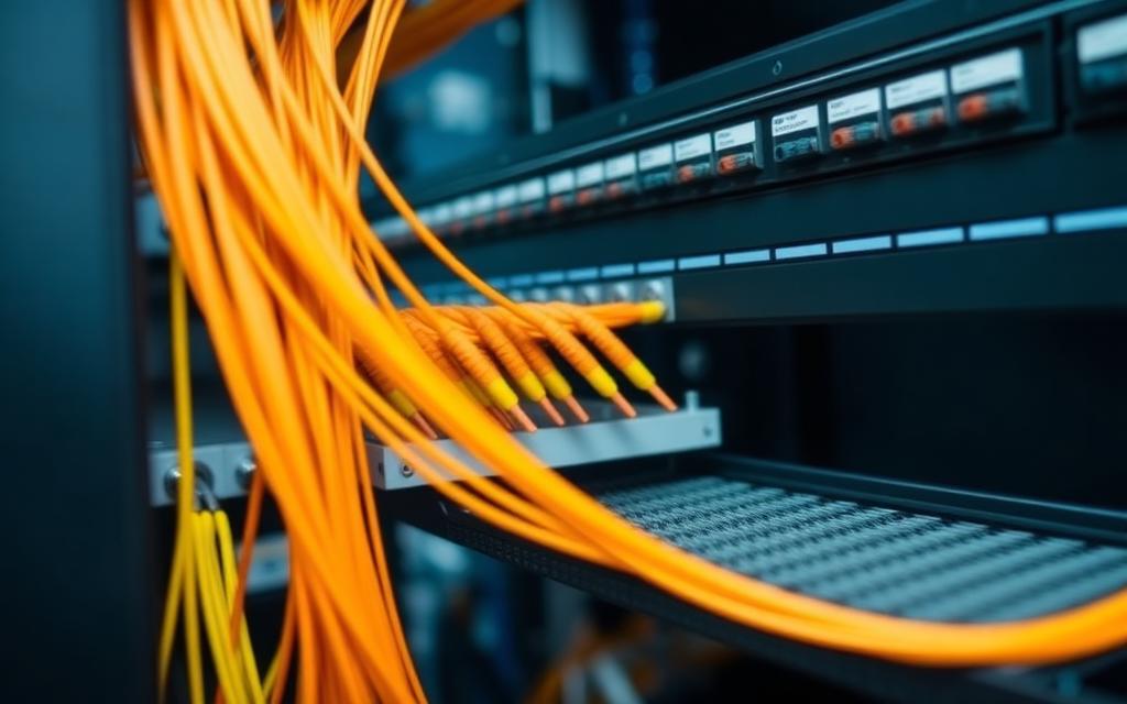 Fibre optic patch panel with terminated fibre cables in a communications cabinet