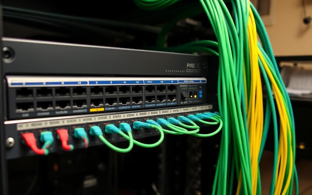 Network rack with a PoE switch and neatly patched ethernet cabling